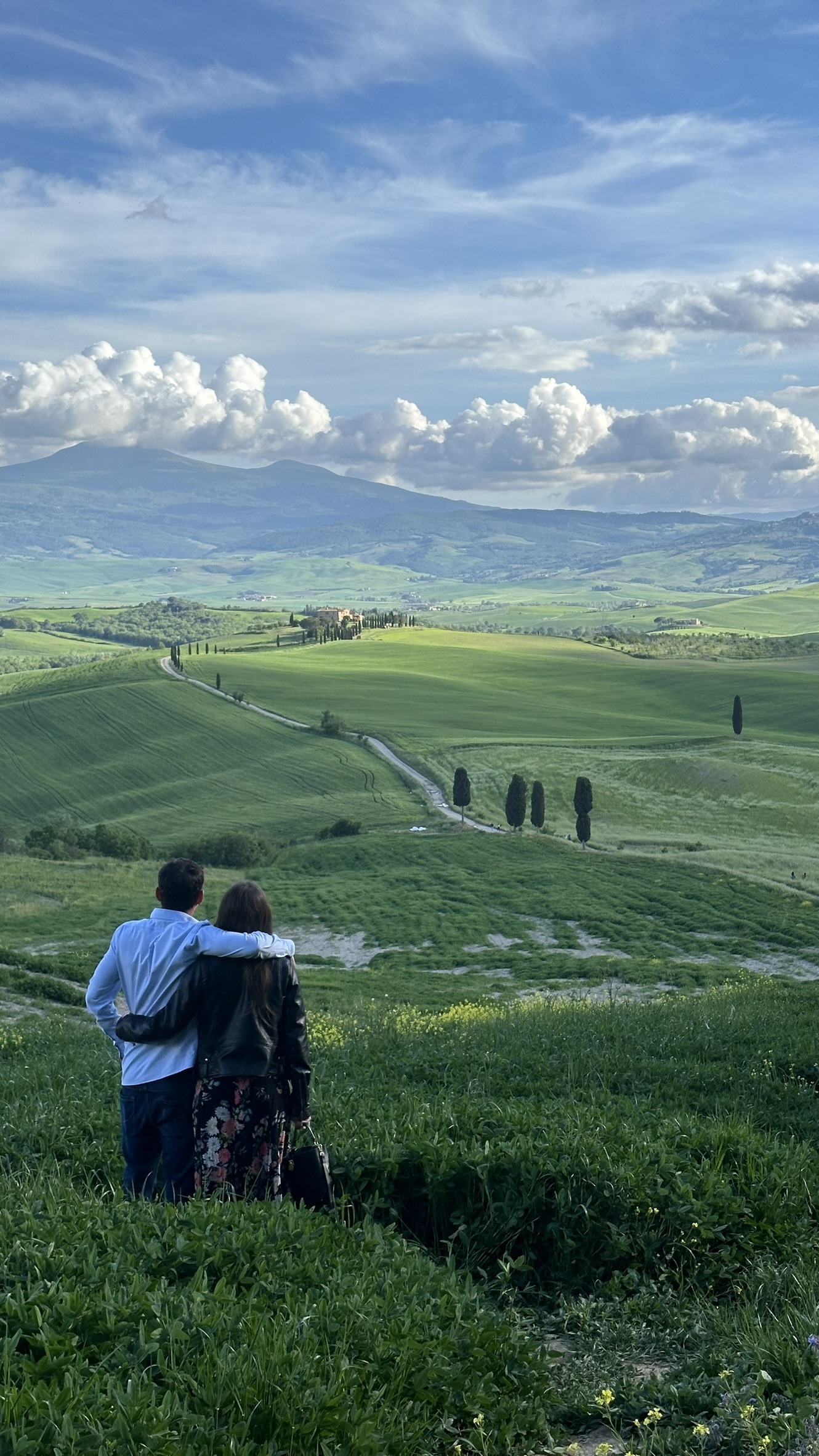 Eli and Rafa looking out over rolling green hills